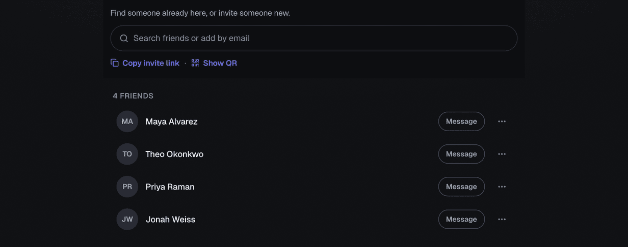The top of the Friends page. A box says "Search friends or add by email", and right under it are two blue links, Copy invite link and Show QR. Below that, four friends are listed — Maya Alvarez, Theo Okonkwo, Priya Raman and Jonah Weiss — each with a Message button.
